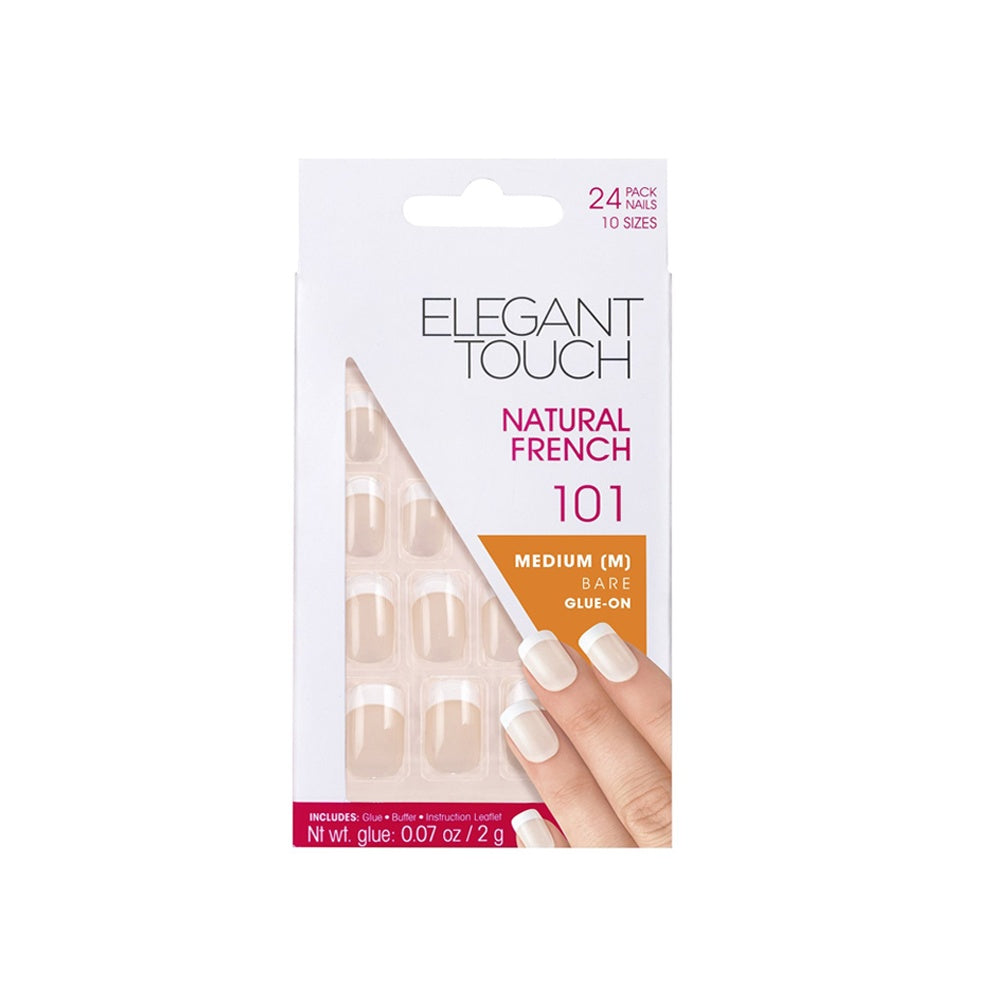 Set, Elegant Touch, Natural French, Square, Artificial Nails, Bare, 101, Size Medium, 24 pcs