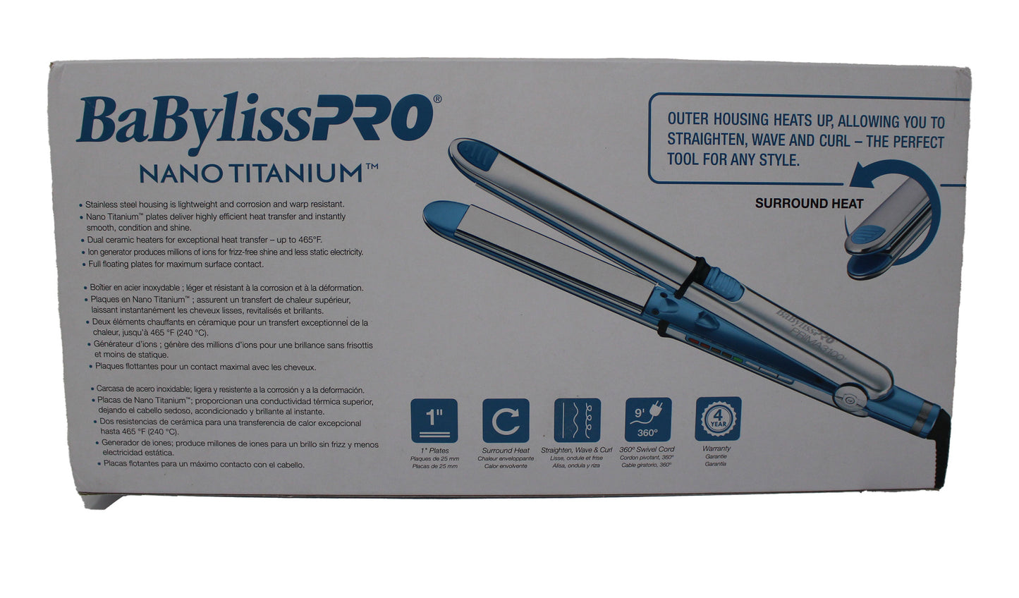 BabylissPRO Nano Titanium Prima 3100 Ionic Stainless Steel Flat Iron 1"