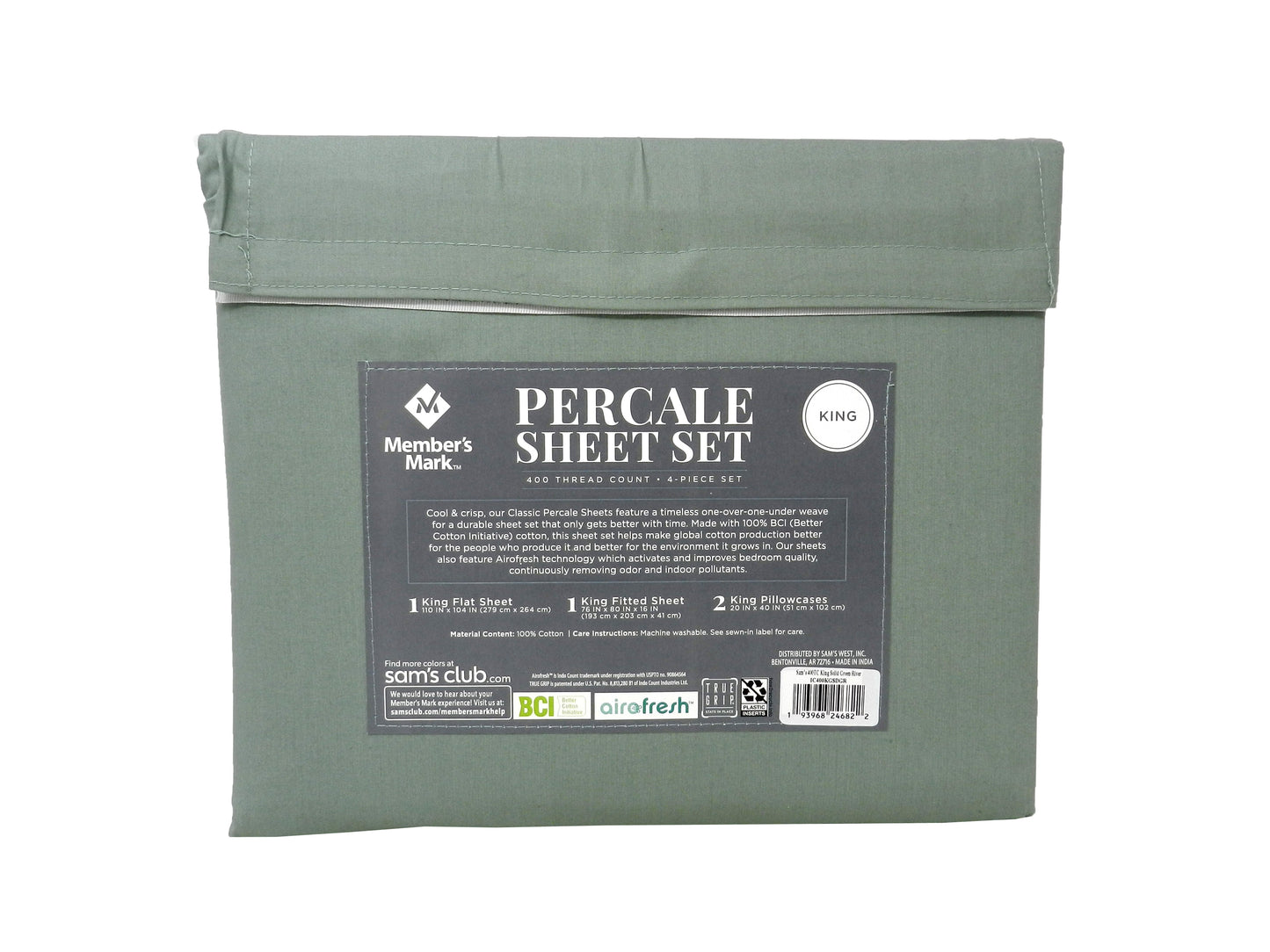 Member's Mark Percale King Sheet 400 Thread Count Green River 4 Piece Set