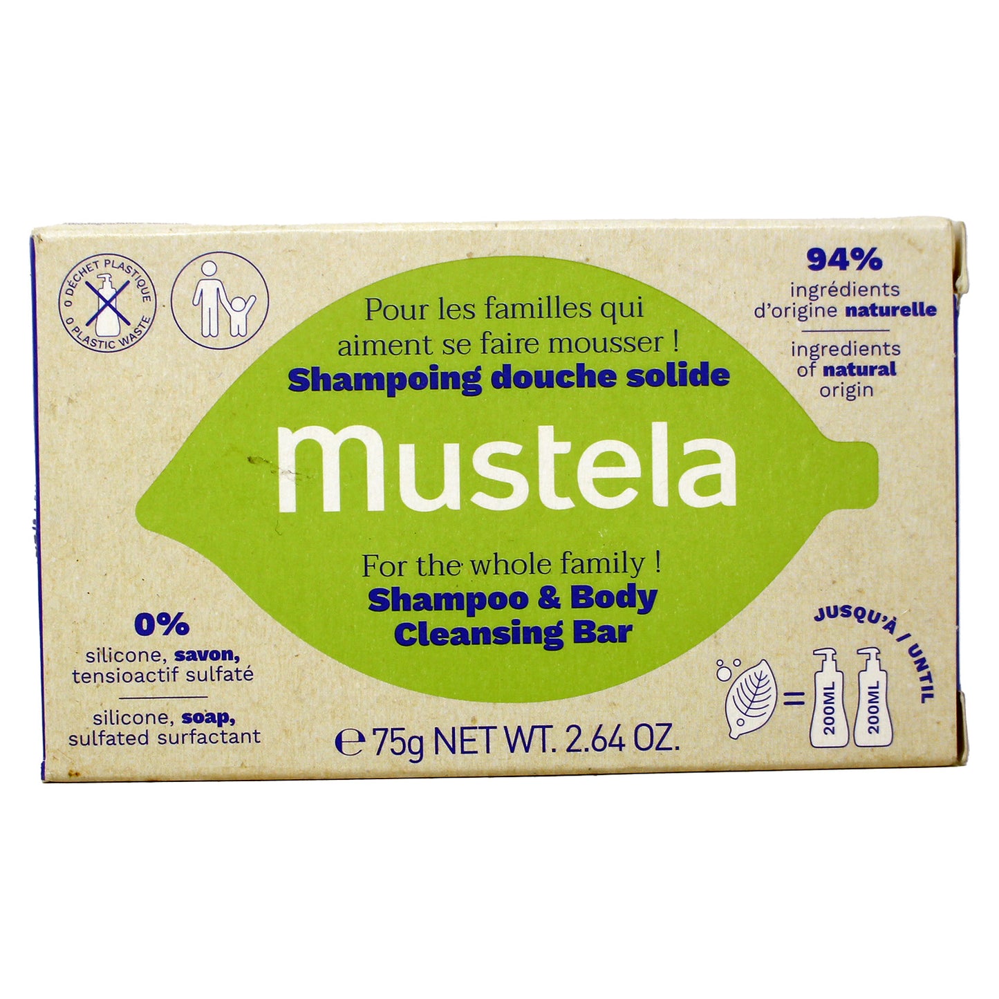 Mustela Solid Shampoo & Body Cleansing Bar, Fragrance-Free, 2.64 oz.