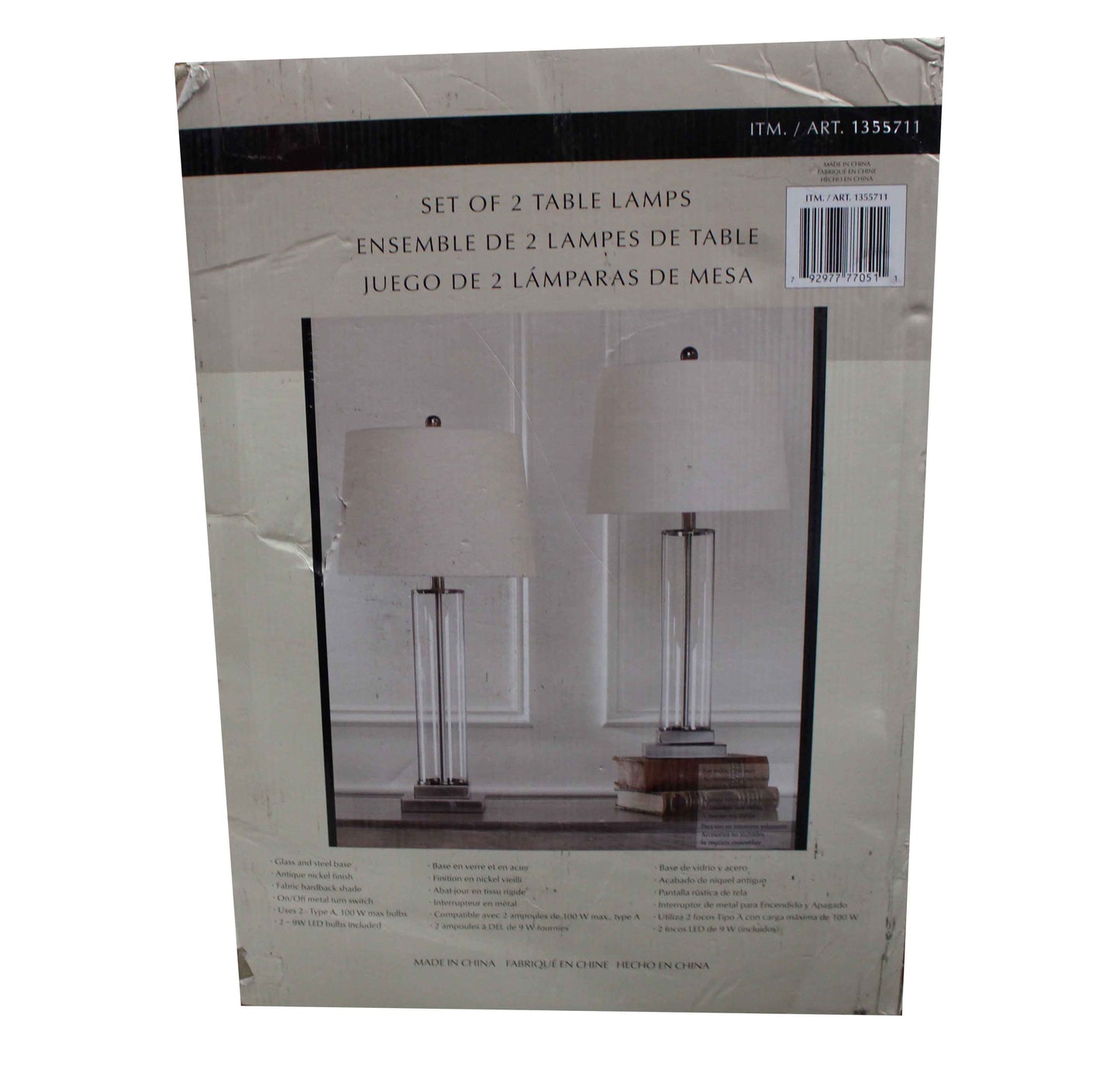 Set of 2 Table Lamps Glass And Steel Base Antique Nickel Finish