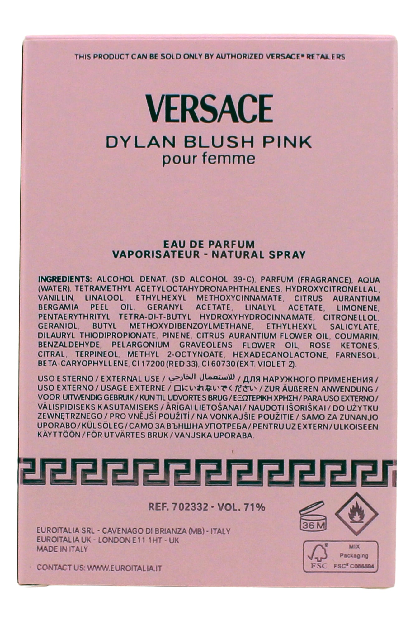Versace Dylan Blush Pink Pour Femme Eau De Parfum Spray 3.4 Fl Ounce