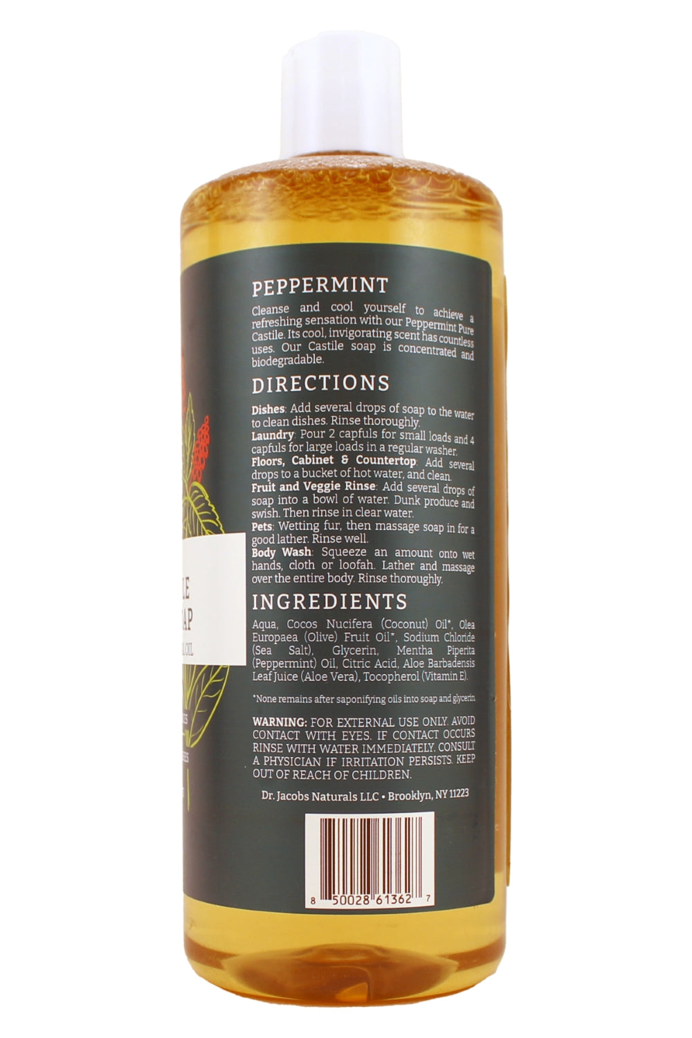 Dr. Jacobs Natruals Plant Based Pure Castile All-In-1 Soap with Peppermint Essential Oil 32 Ounce
