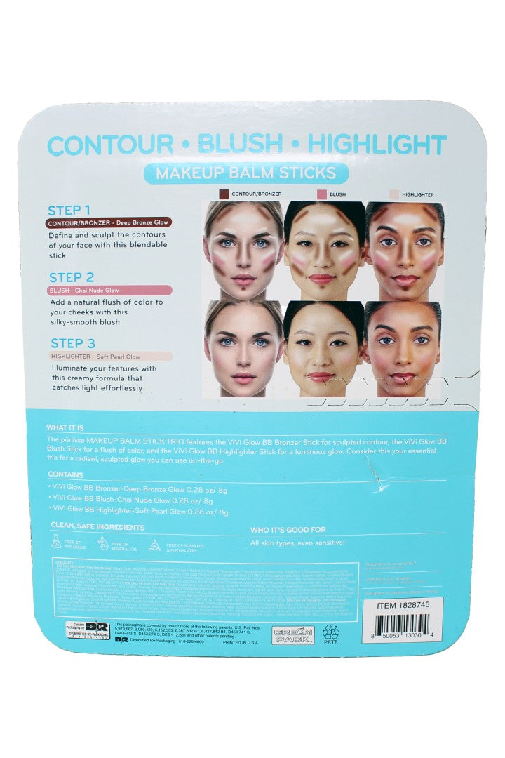 Purlisse Essential Trio Contour + Blush + Highlight Balm Sticks