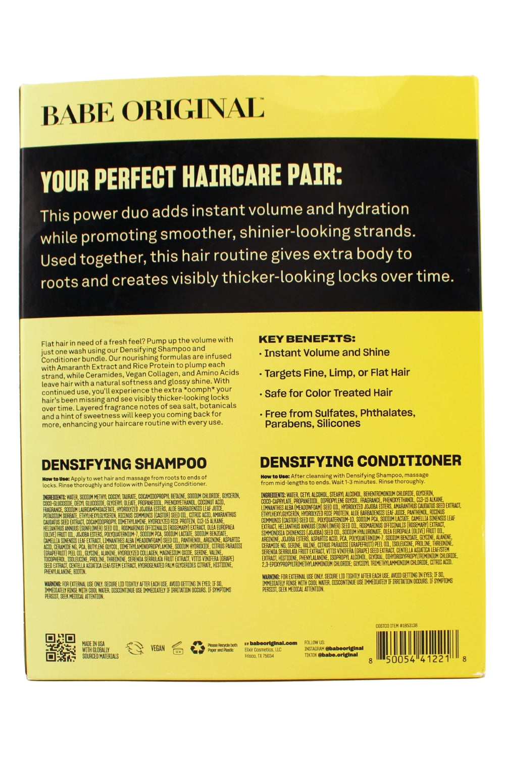 Babe Original Densifying Shampoo and Conditioner with Aloe Vera, Ceramides, Rice Portein For Volume, Hydration and Shine
