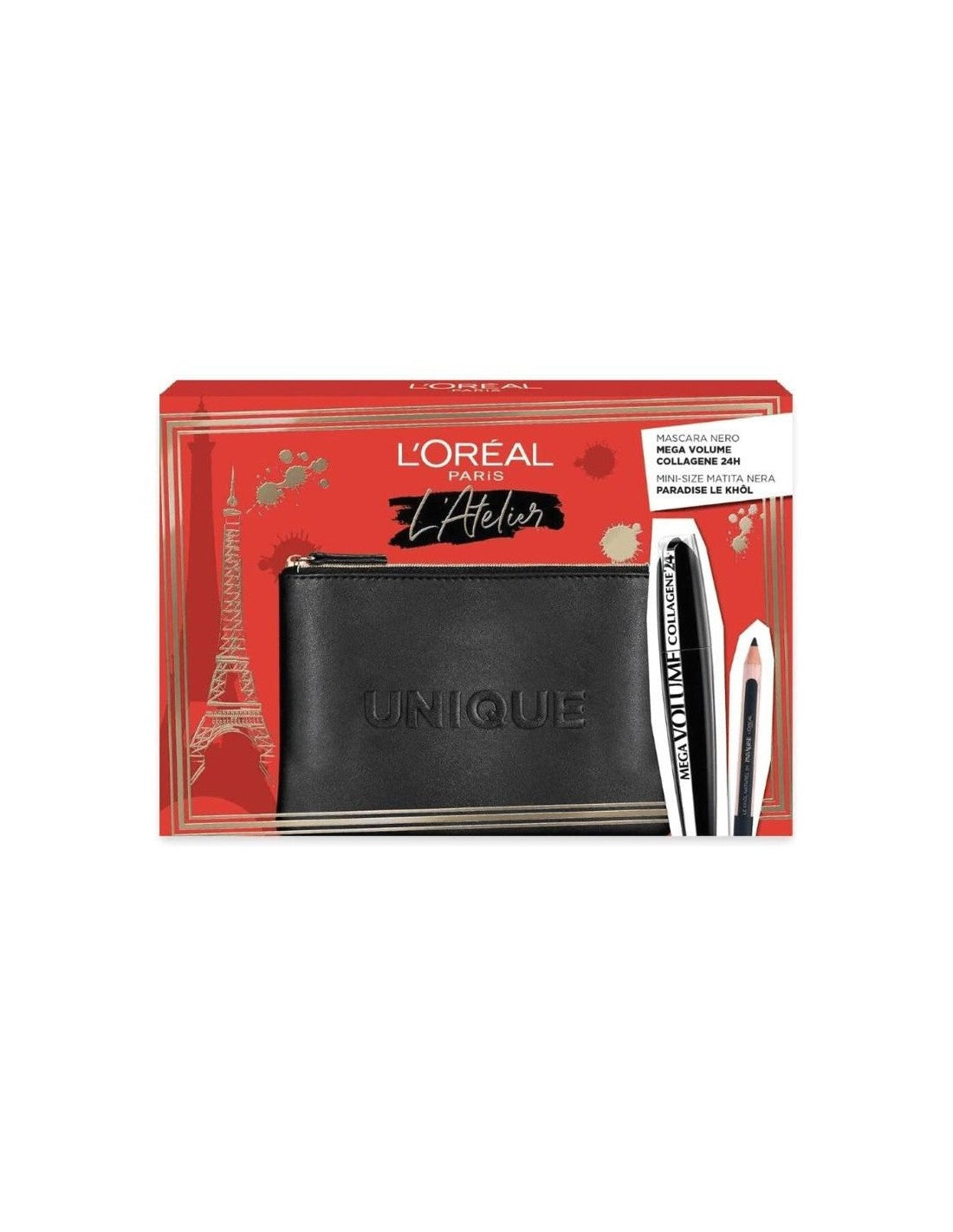 Set L'Oreal Paris: L'Oreal Paris, Kajal Eye Pencil, Black, 1.5 g + Mega Volume Collagene 24h, Waterproof, Mascara, Mega Black, 9 ml + Textile Makeup Bag, Black