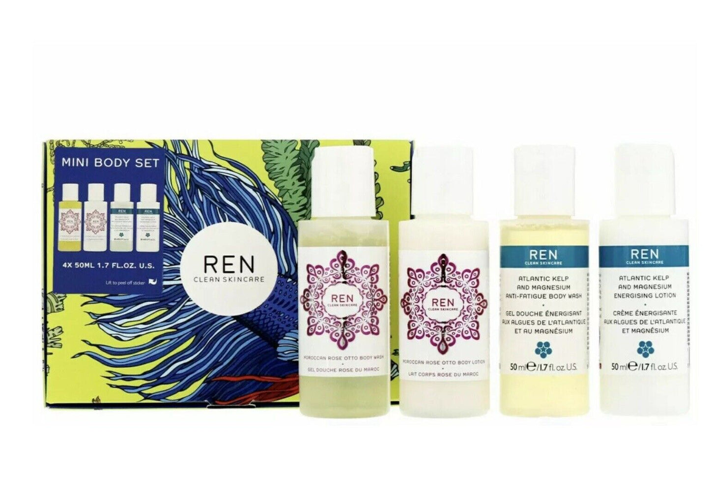 Set Ren: Moroccan Rose Otto, Hydrating, Body Lotion, 50 ml + Moroccan Rose Otto, Rose, Soothing, Shower Gel, 50 ml + Atlantic Kelp and Magnesium, Hydrating, Shower Gel, 50 ml + Atlantic Kelp and Magnesium, Moisturizing, Body Lotion, 50 ml