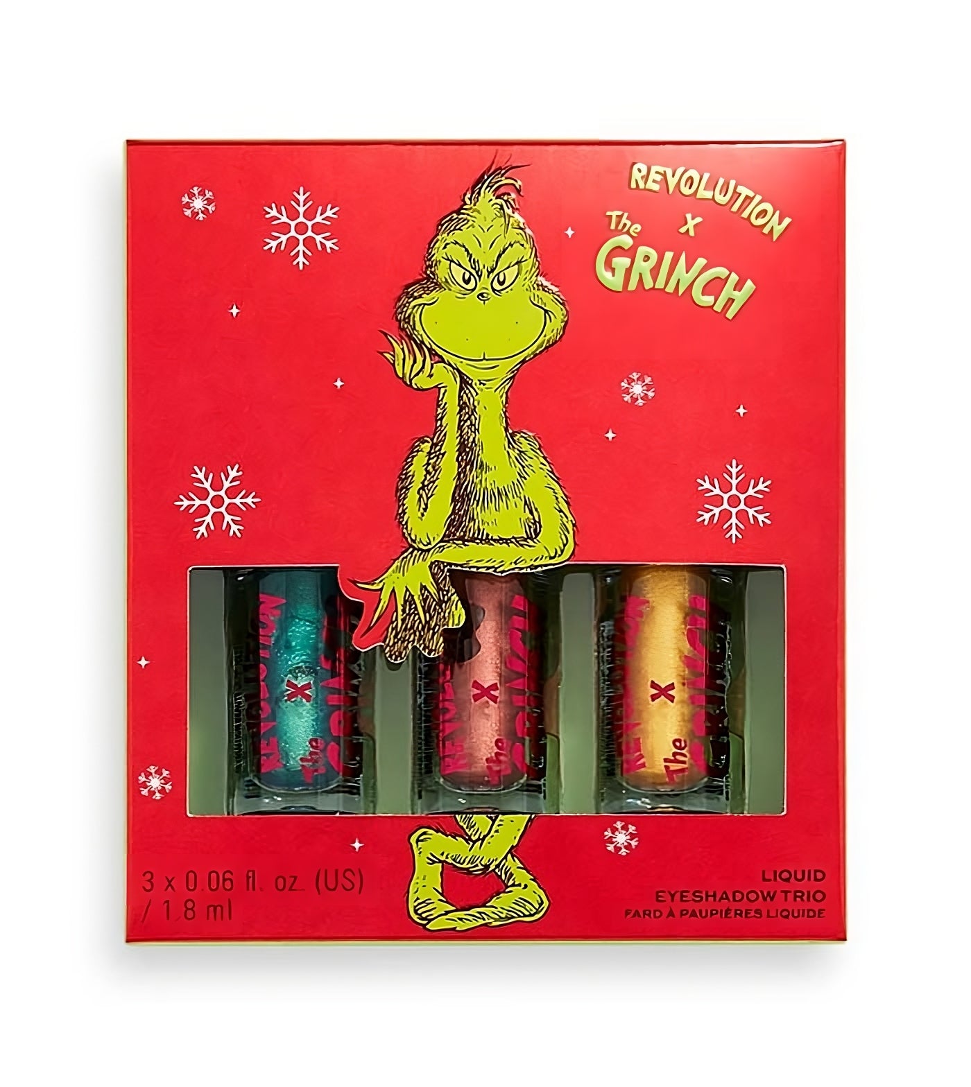 The Grinch x Revolution Set Makeup Revolution: Don't Give a Grinch, Liquid Eyeshadow, Green, 1.8 ml + Don't Give a Grinc