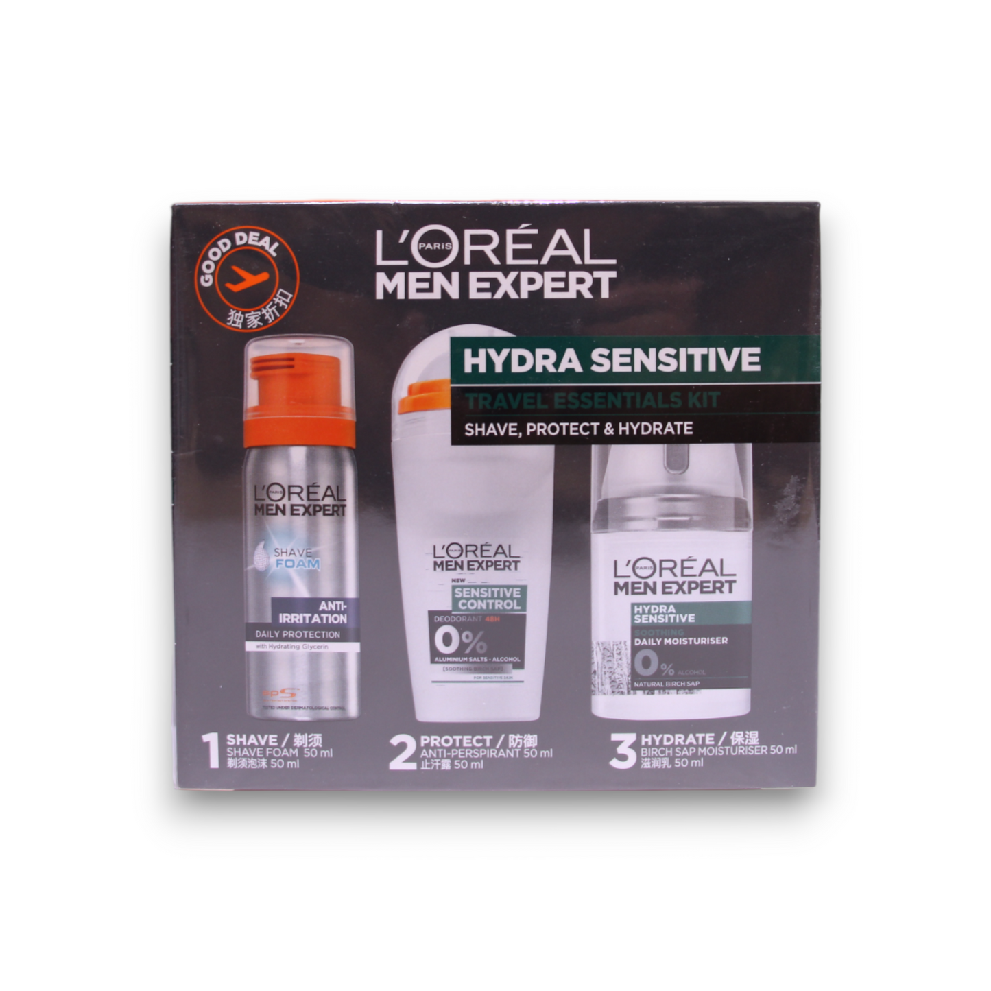 Travel Set L'Oreal Paris: Men Expert, Alcohol-Free, Hydrating and Regenerating, Day & Night, Cream, For Face, 50 ml + Men Expert, Alcohol-Free, Anti-Sweat, Deodorant Roll-On, For Men, 50 ml + Men Expert, Glycerin, Against Irritation, Shaving Foam, 50 ml