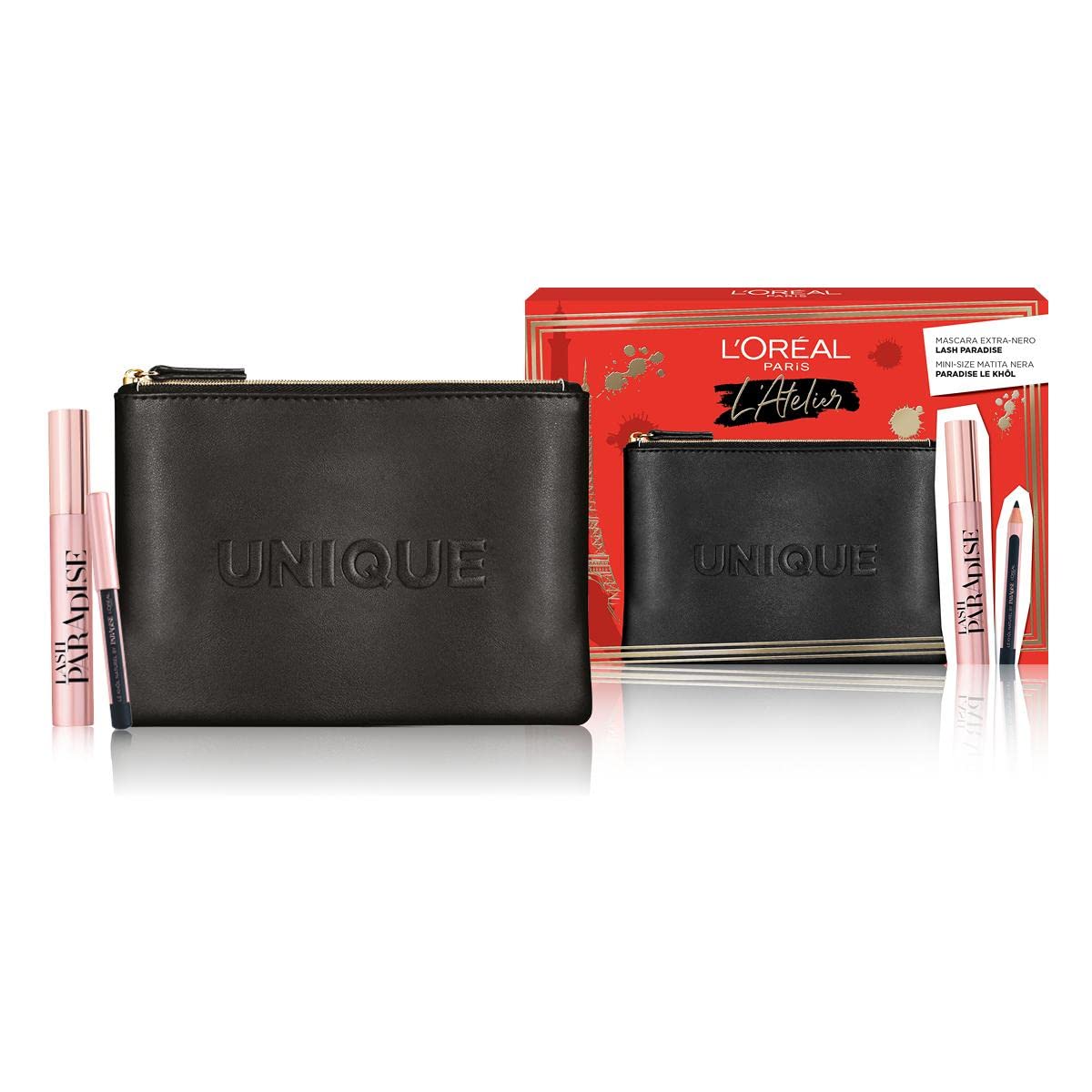 Atelier Kit Set L'Oreal Paris: Lash Paradise, Volumizing & Lengthening, Mascara, Extra Black, 6.4 ml + Paradise, Kajal Eye Pencil, 1.2 g + Textile Makeup Bag, Black