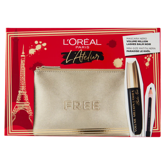 Atelier Kit Set L'Oreal Paris: Volume Million Lashes, Volumizing & Lengthening, Mascara, Black, 8.9 ml + Paradise, Kajal Eye Pencil, 1.2 g + Textile Makeup Bag, Gold