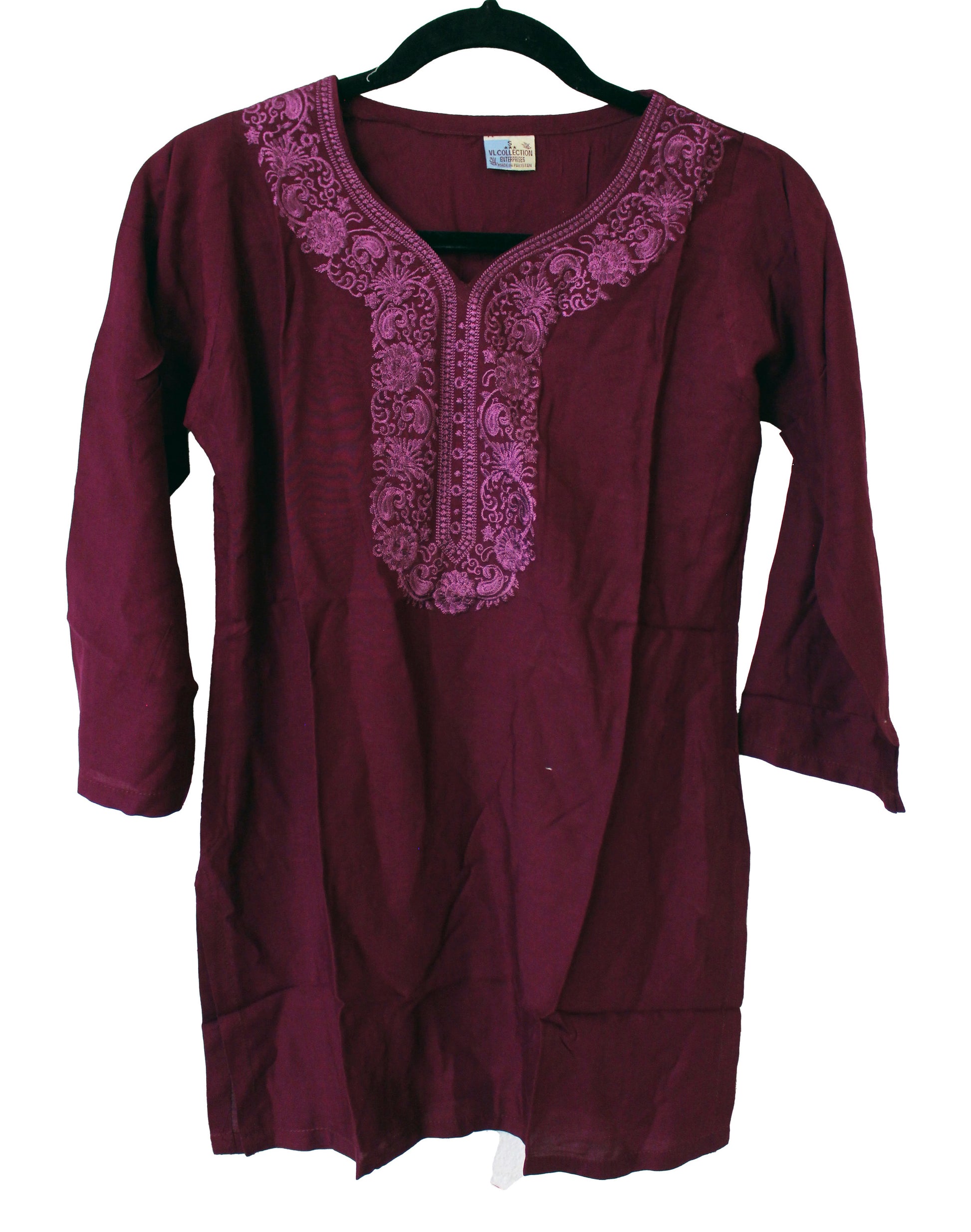 VL Collection Enterprises Embroidered Kurti Longsleeve Top Size Small (Burgundy)
