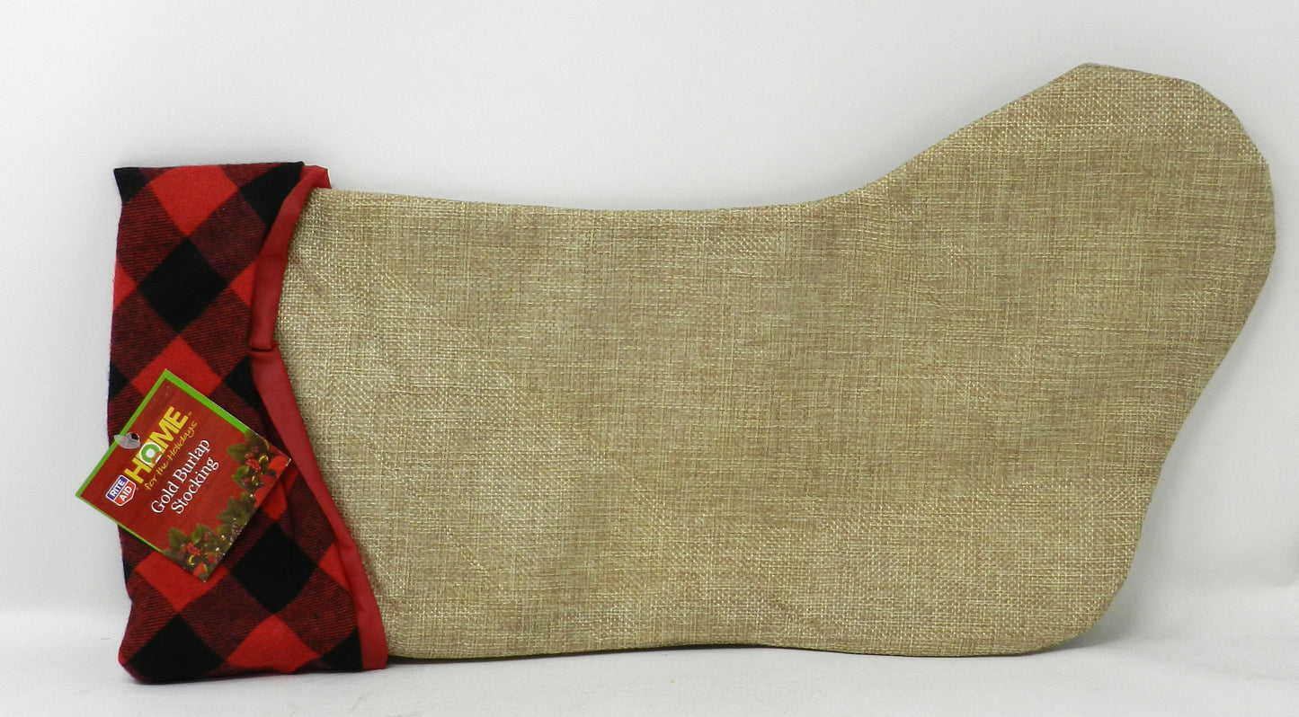 Home For The Holidays Gold Burlap Stocking With Red/Black Plaid 1 Count