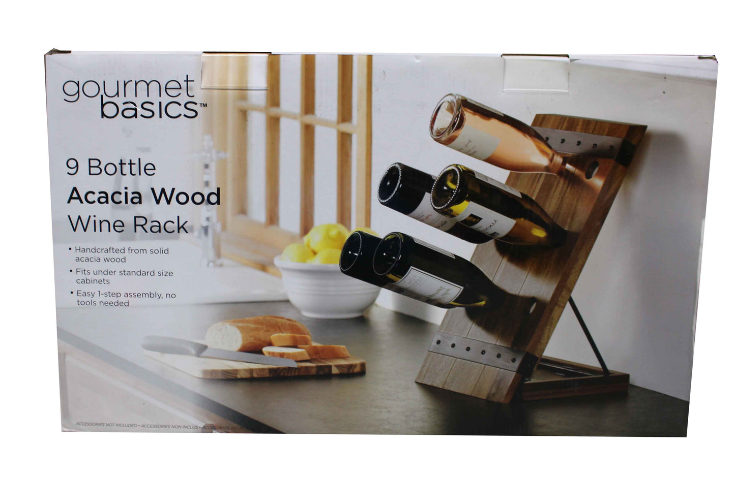 Gourmet Basics 9 Bottle Acacia Wood Wine Rack with Black Wire