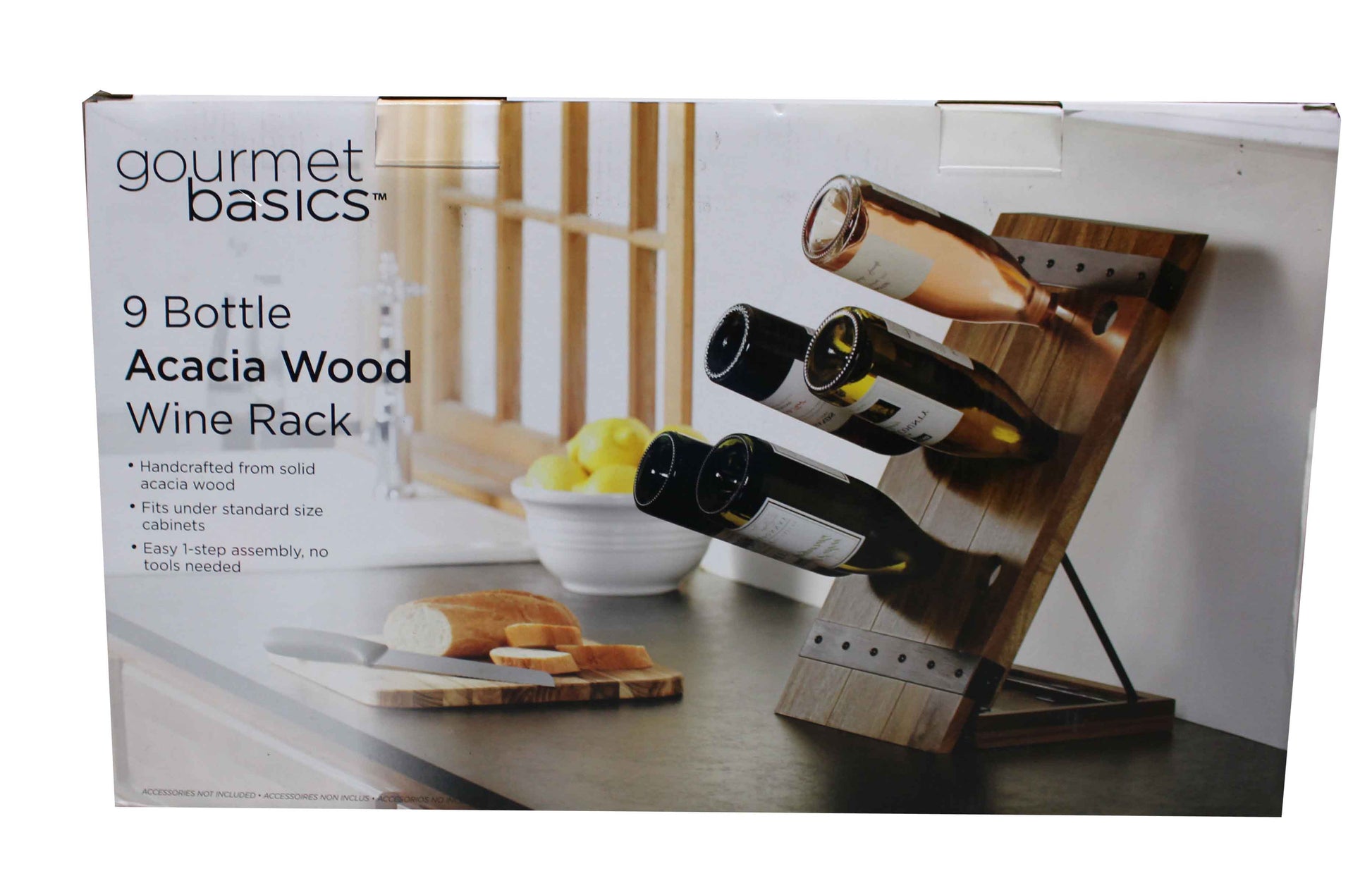 Gourmet Basics 9 Bottle Acacia Wood Wine Rack with Black Wire