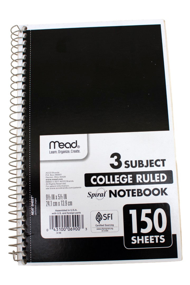 Mead Small 3-Subject College Ruled Spiral Notebook 9-1/2" x 5-1/2" (150 Sheets)