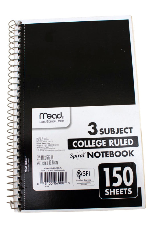 Mead Small 3-Subject College Ruled Spiral Notebook 9-1/2" x 5-1/2" (150 Sheets)