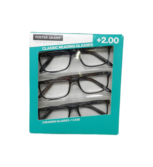 Design Optics By Foster Grant Full Frame Classic Reading Glasses +2.00 Reading Gasses 3 Ct