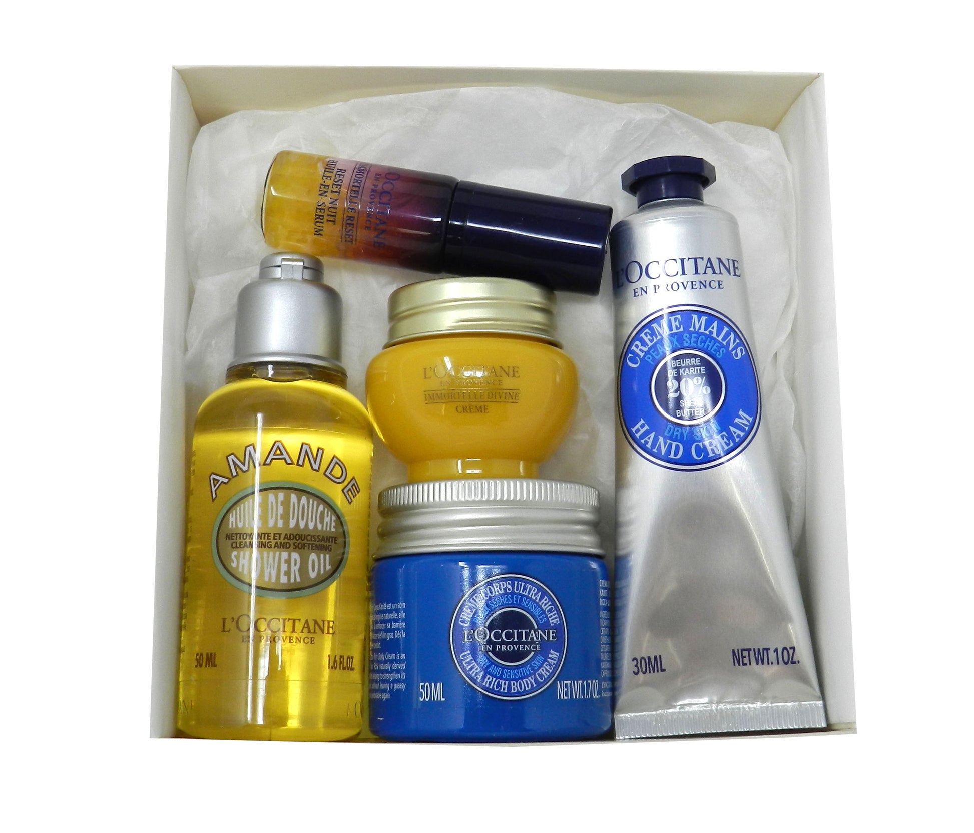 NEW L'Occitane Cosmetic Case w/Set of 5 Travel Size Items and 4 Sample  Packets