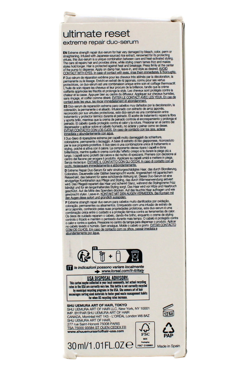 Shu Uemura Ultimate Reset Duo Serum for Damaged Hair 1.01 Fl Ounce