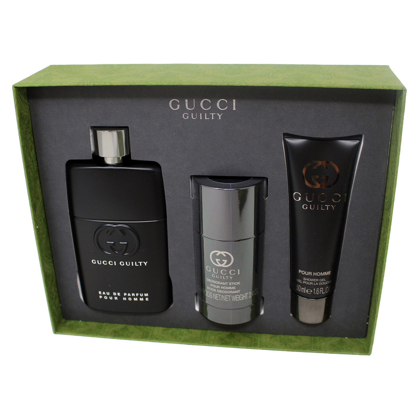 Gucci Guilty Eau De Parfum Pour Homme Gift Set (EDP Spray 3 Fl Oz, Deo Stick 2.4 oz and Shower Gel 1.6 oz)