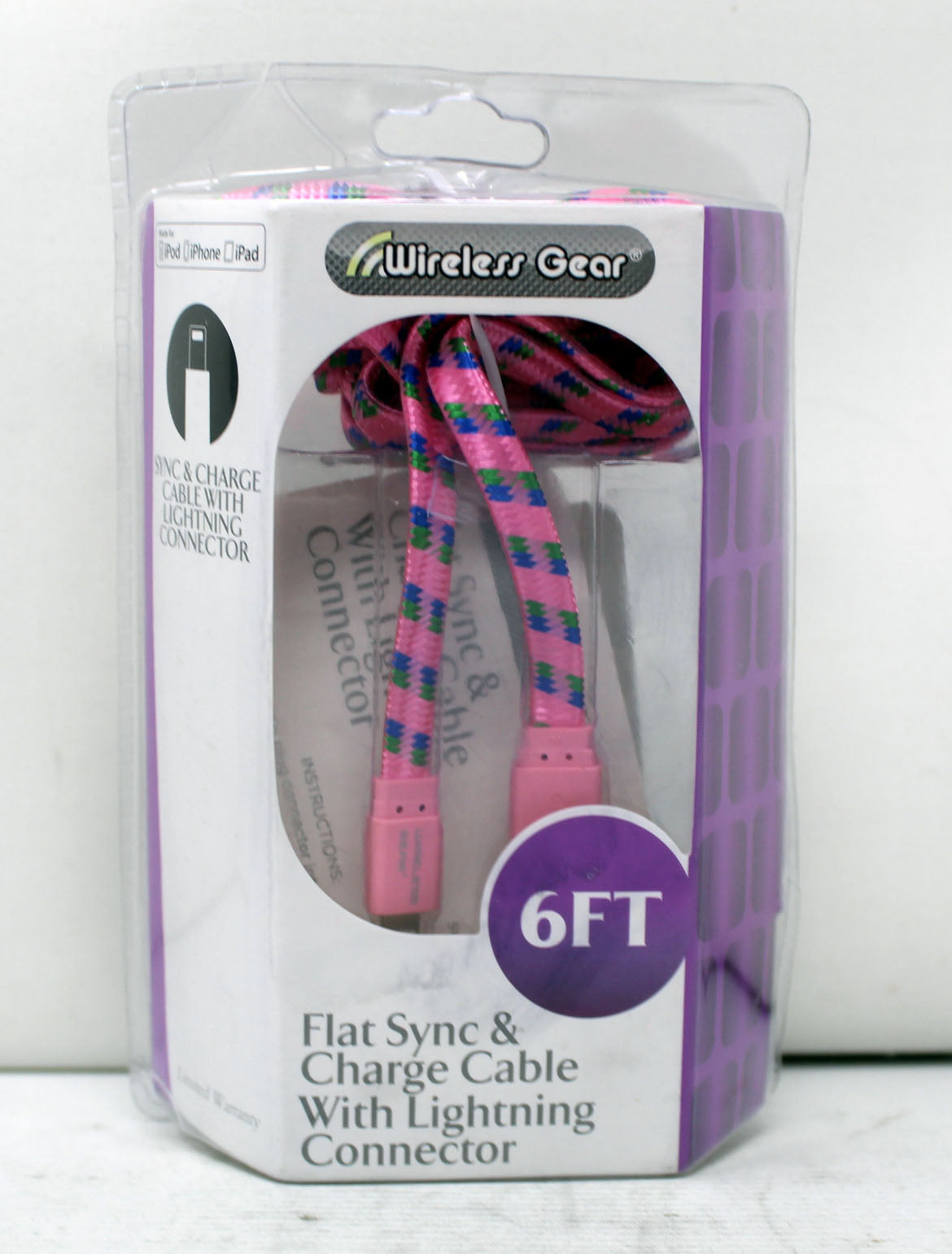 Wireless Gear 6 FT Flat Sync & Charge Lighting Cable Pink