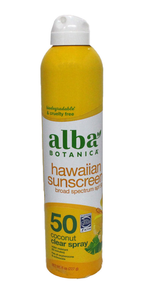 Alba Botanica Hawaiian Sunscreen SPF 50 Coconut Clear Spray 8 OZ (BACKDATED)