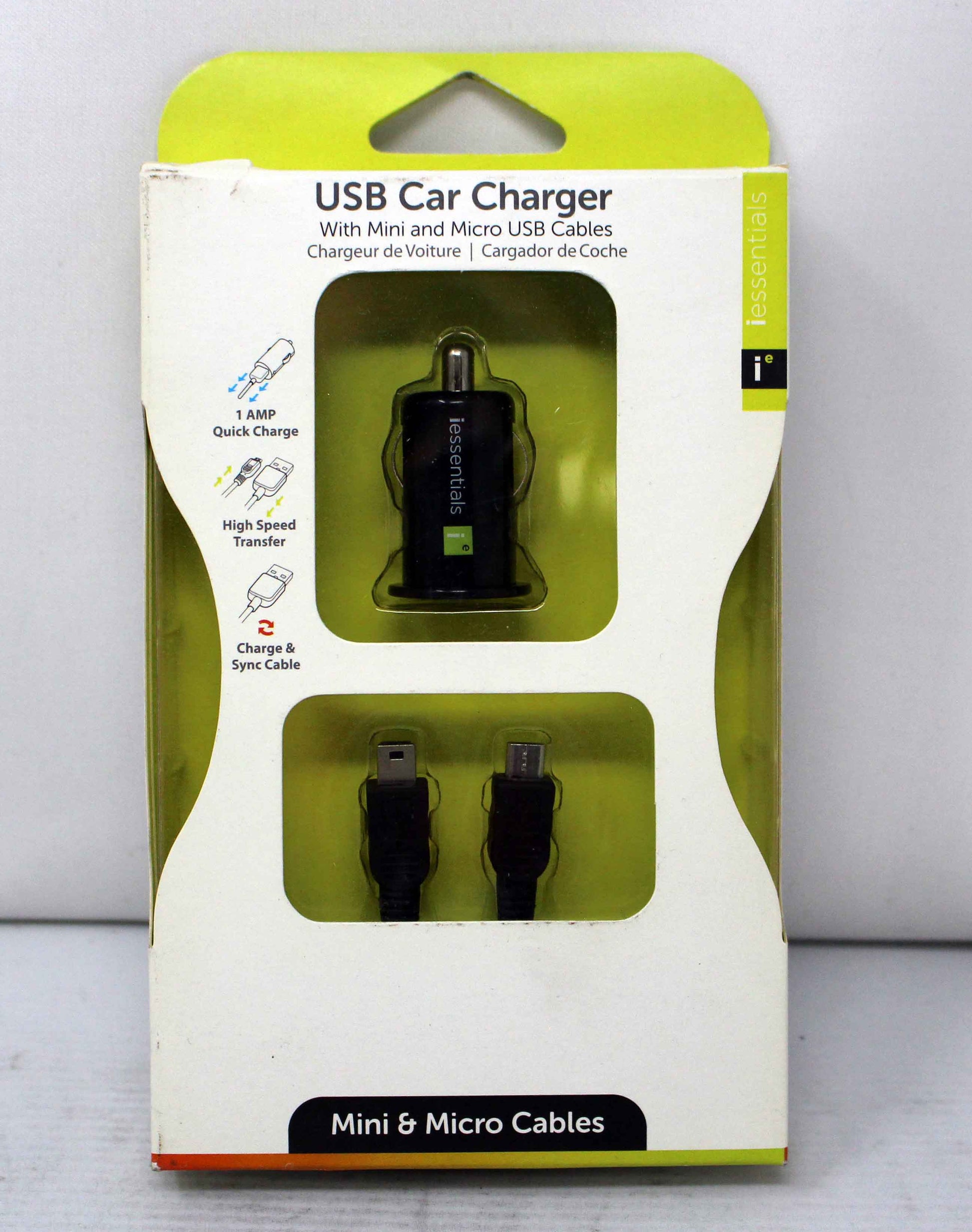 iEssentials USB Car Charger with Mini and Micro USB Cables