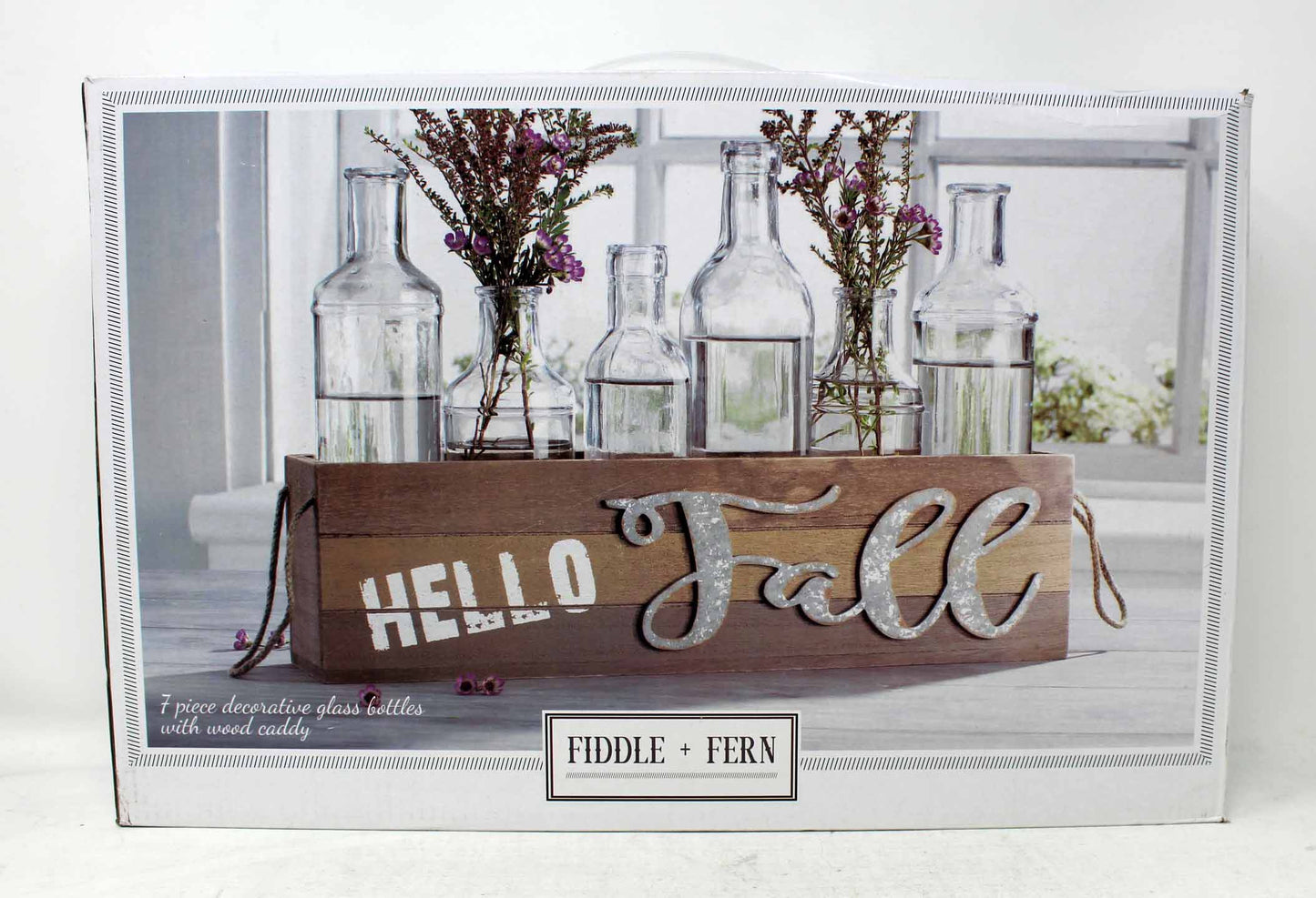 Home Essential 7 Piece Decorative Glass Bottles with Wood Caddy