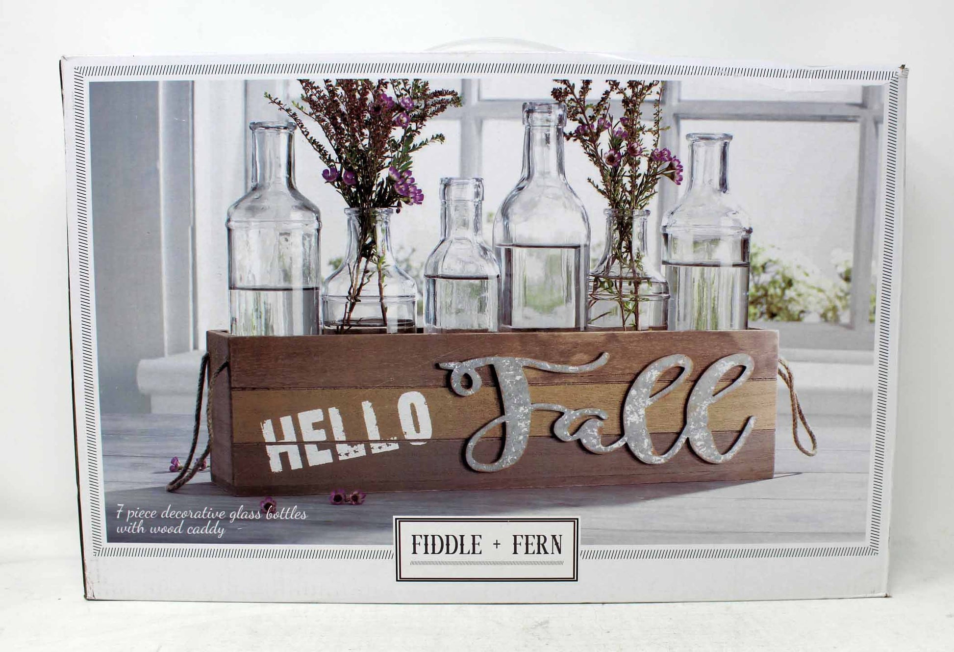 Home Essential 7 Piece Decorative Glass Bottles with Wood Caddy