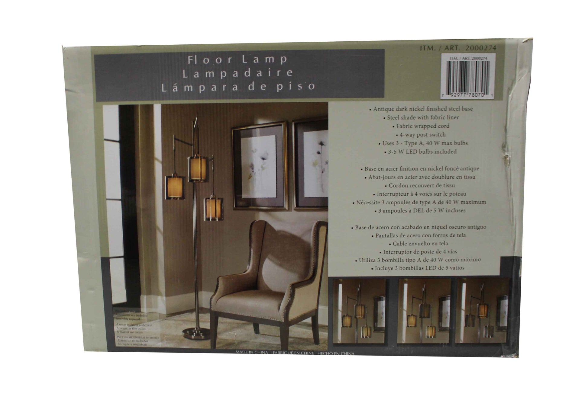 Bridgeport Designs 3 Arm Floor Lamp Antique Dark Nickel Finish Steel Base