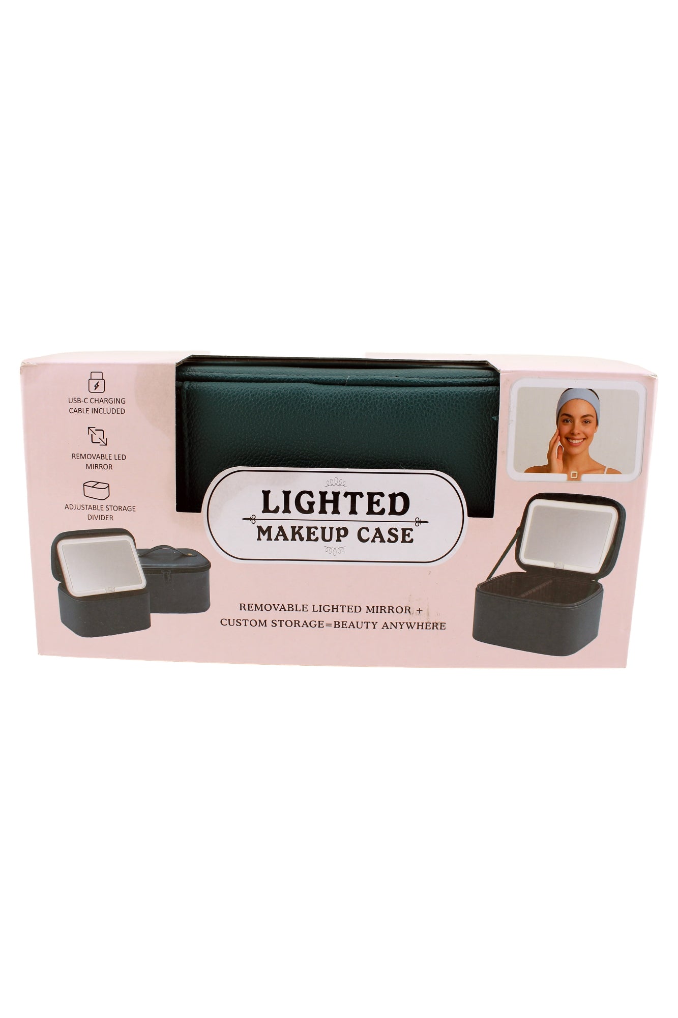 Lighted Makeup Case USB-C Charging LED Mirror Green