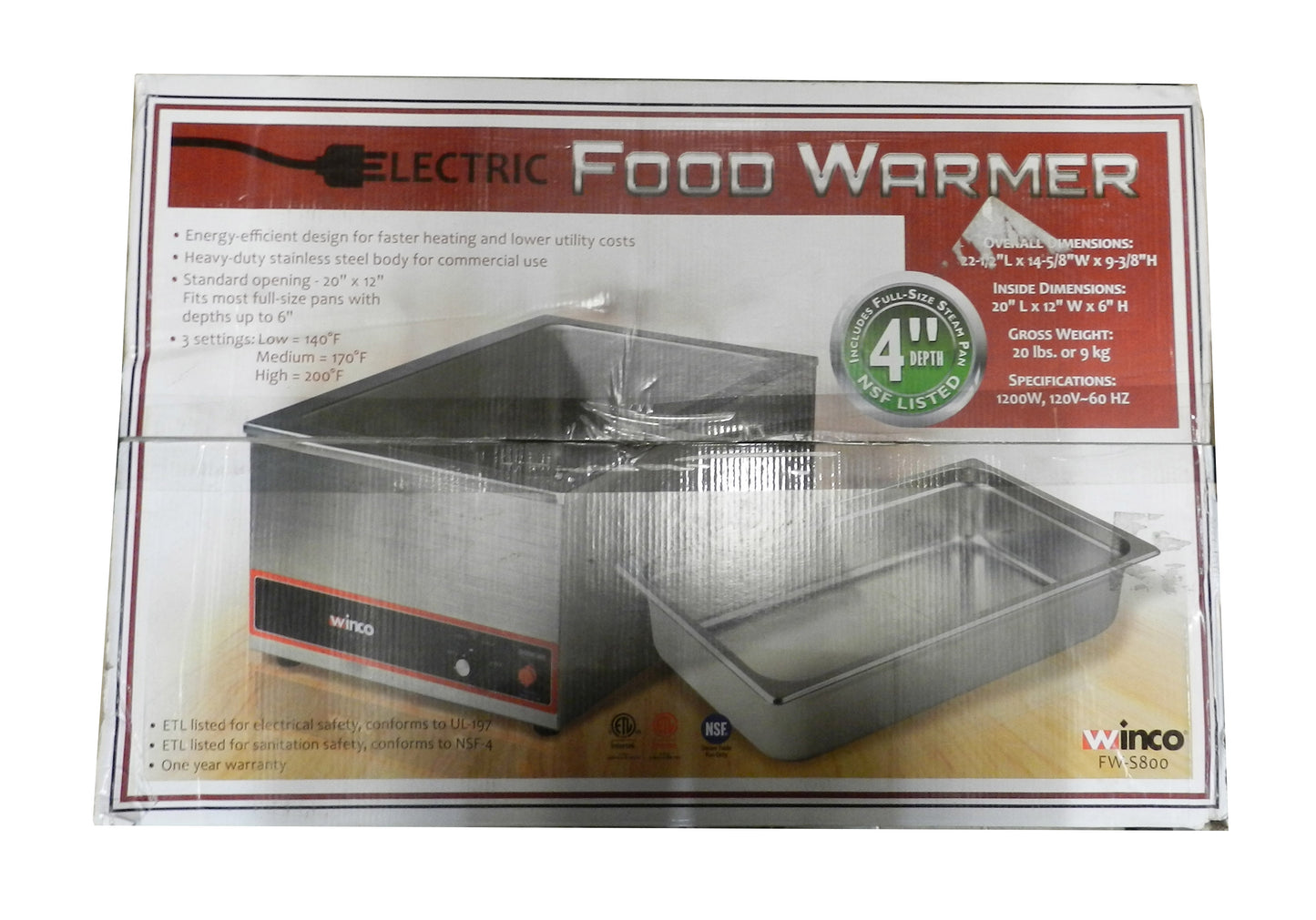 Winco Electric Food Warmer with 4" Steam Pan Stainless Steel (FW-S800)