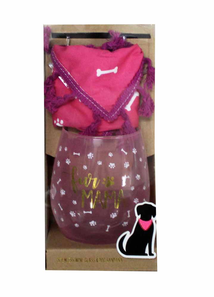 TMD Fur Mom Stemless Wine Glass & Dog Bandana Pink