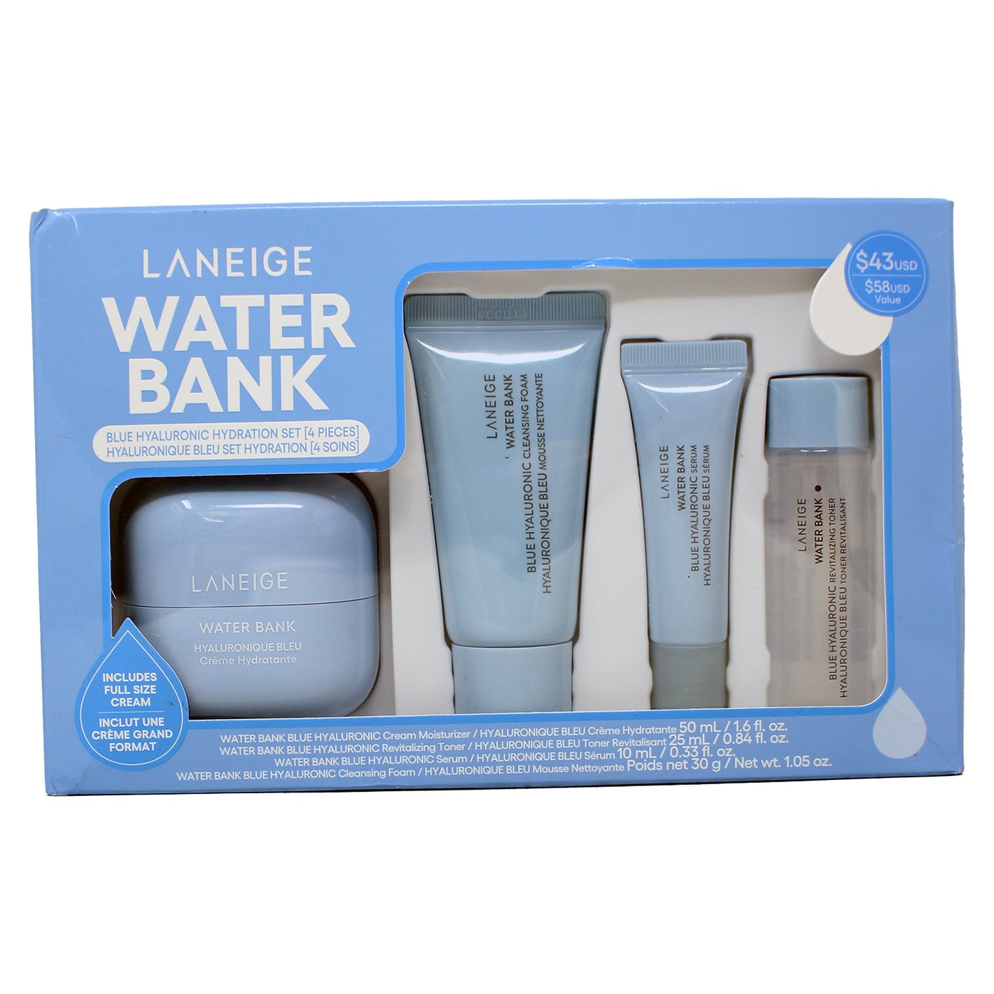 Laneige Water Mank Blue Hyaluronique Bleu Set (Cream Moistuzier, Revitalizing Toner, Serum and Cleansing Foam)