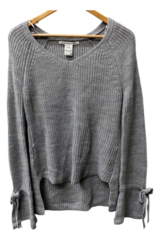 American Rag Juniors Tie Trim Bell Sleeved High Low Sweater Light Heather Gray Small