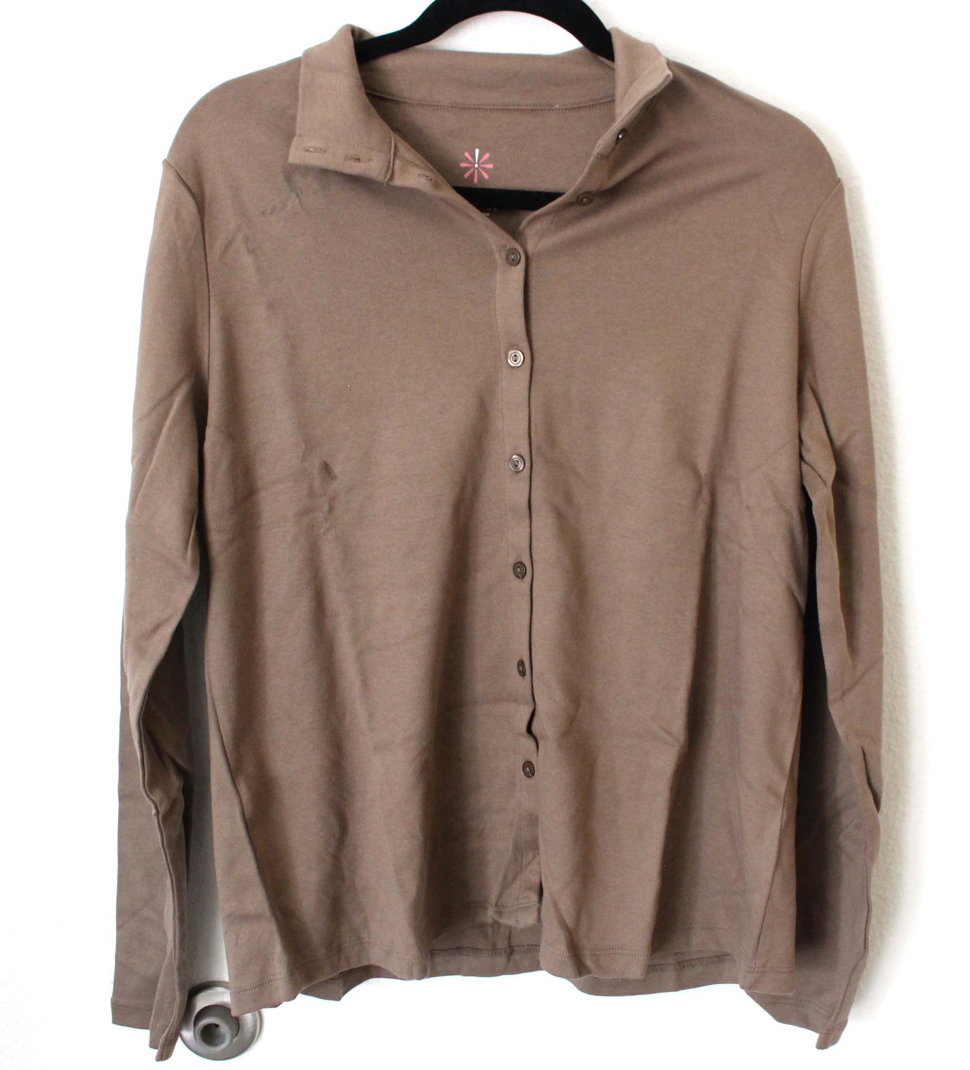 Isaac Mizrah Live! Essentials Front Button Down Shirt Taupe Brown Small