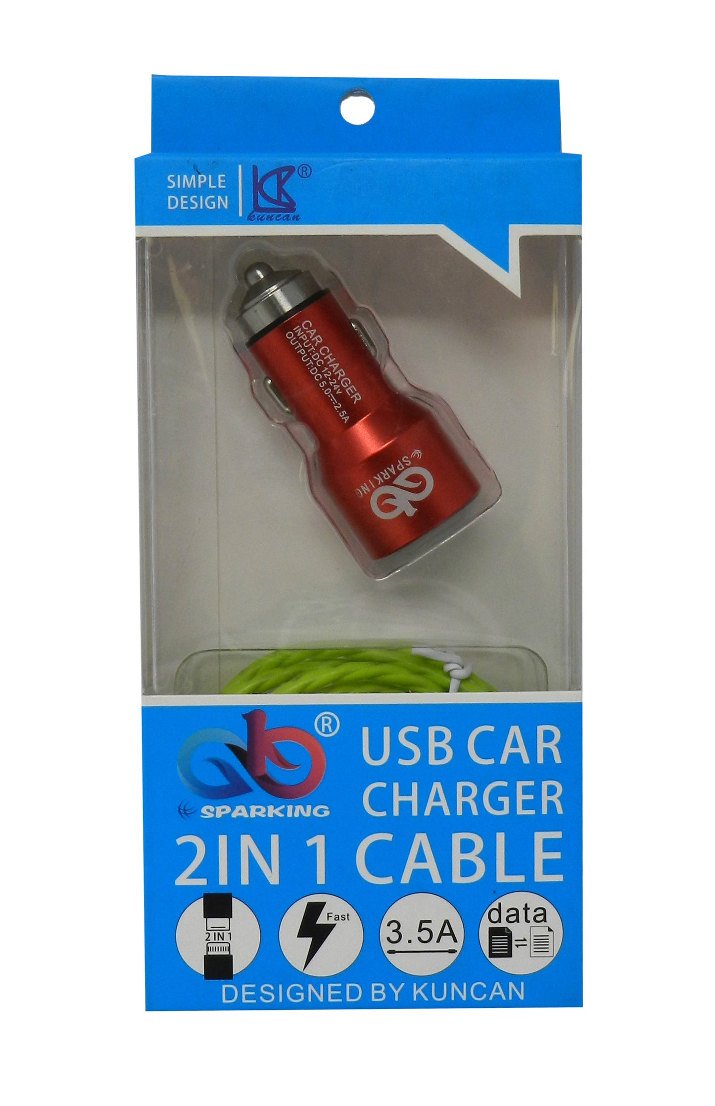 Kuncan Simple Design Sparking 2-In-1 USB Car Charger Cable