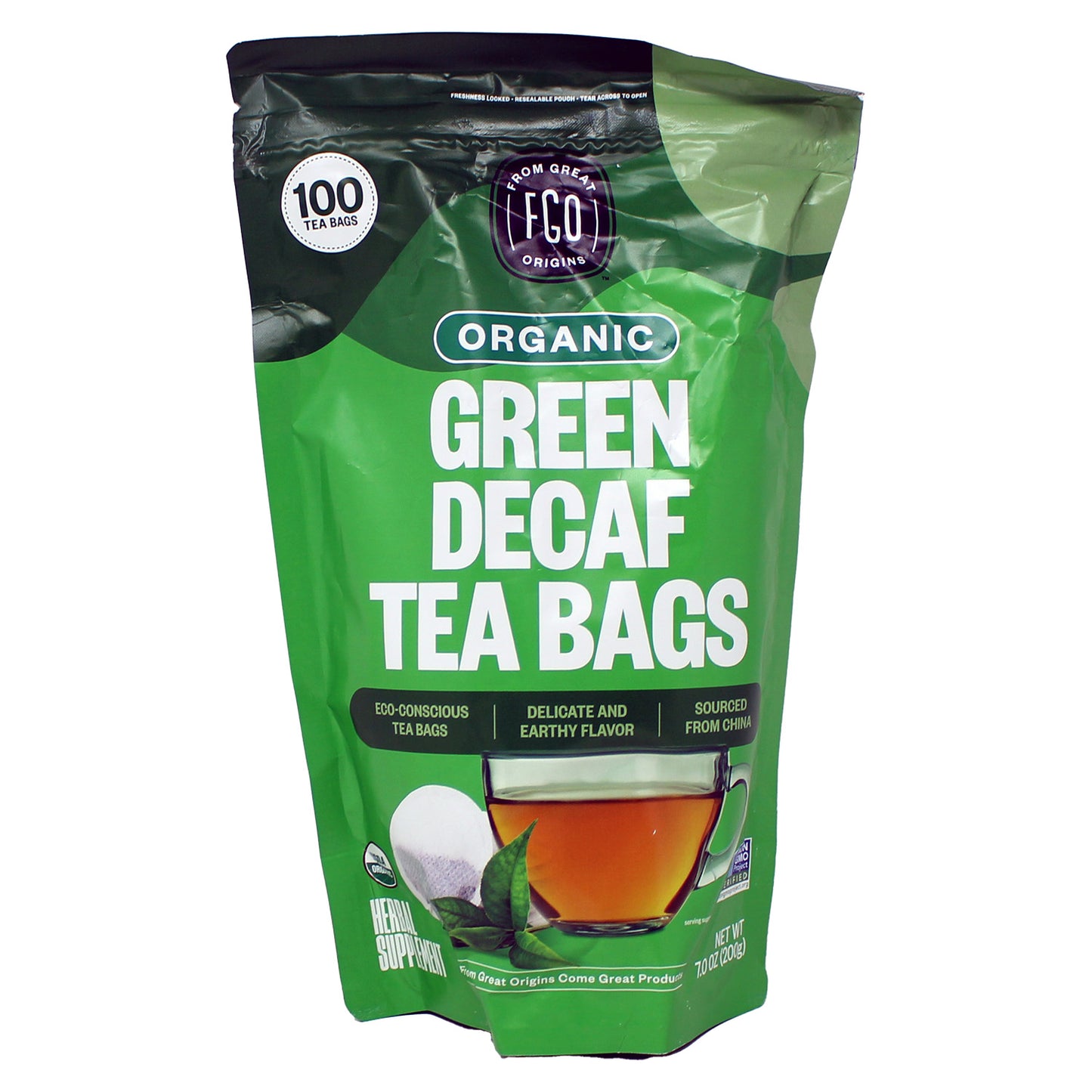 FGO Organic Decaf Green Tea, 100 Tea Bags