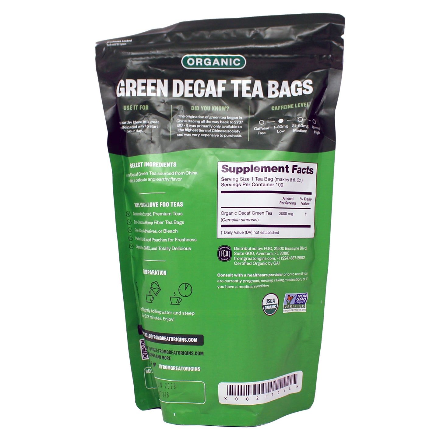 FGO Organic Decaf Green Tea, 100 Tea Bags