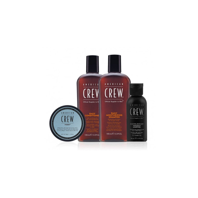Essential  Set American Crew: Daily, Hair Conditioner, For Moisturizing, 100 ml + Daily, Hair Shampoo, For Hydration, 100 ml + Fiber, Hair Styling Pomade, For Styling, Strong Hold, 50 ml + Precision, Soothing, Shaving Gel, 50 ml