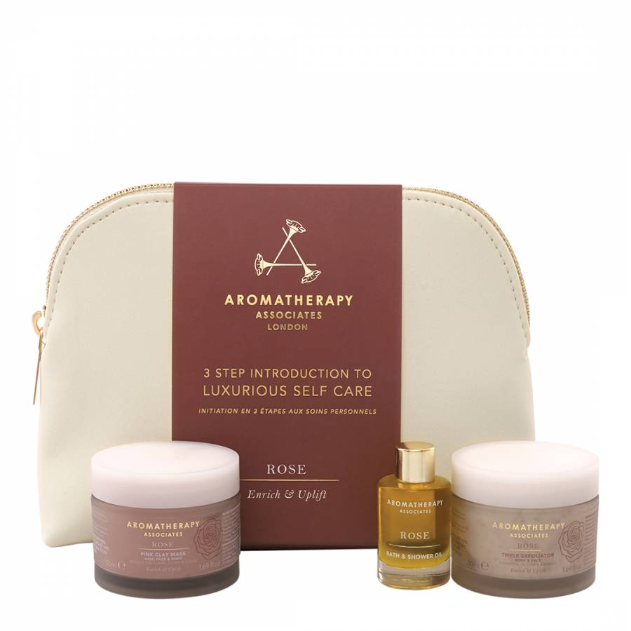 3 Step Introduction To Luxurious Self-Care Set Aromatherapy Associates: Rose, Enrich and Uplift, Shower Oil, 50 ml + Rose, Exfoliating Scrub, 50 ml + Rose, Enrich and Uplift, Clay Mask, 50 ml