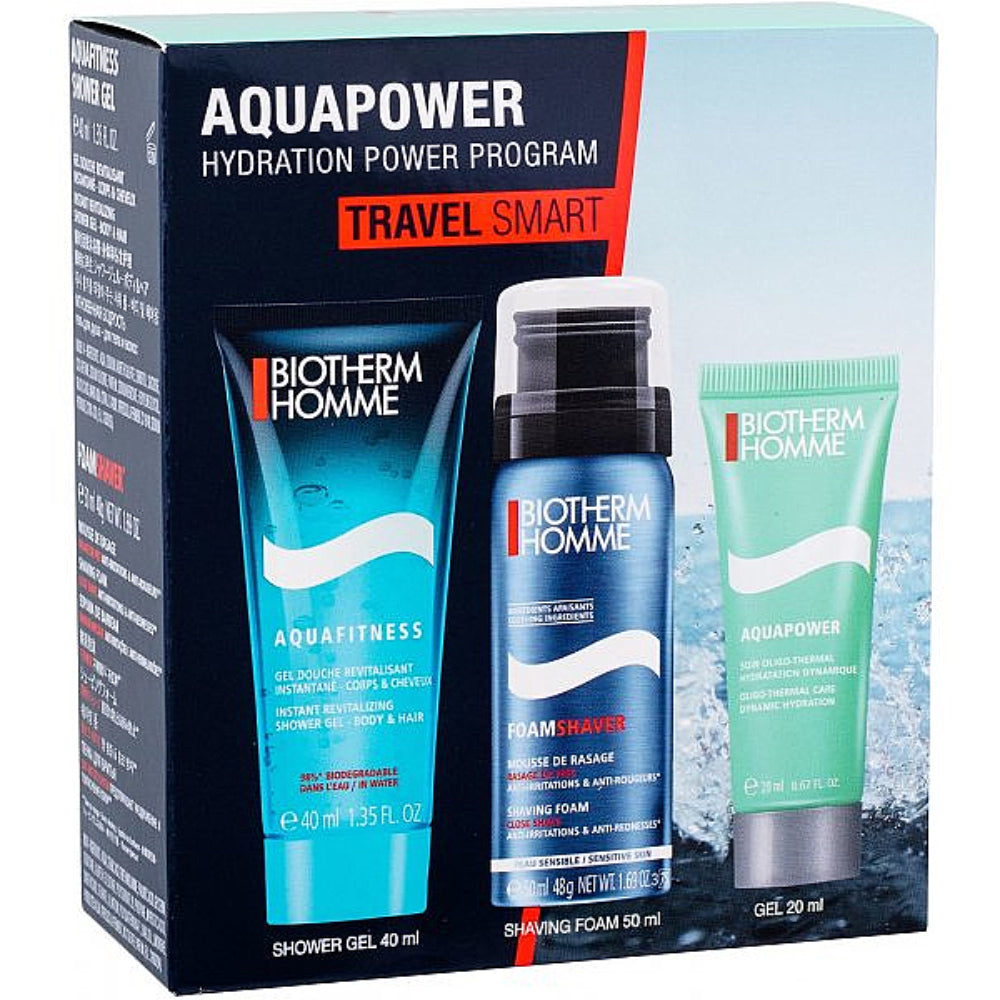 Travel Smart Set Biotherm: Aquapower, Moisturizing, Cream, For Face, 20 ml + Aquapower, Shaving Foam, 50 ml + Aquapower, Cleansing, Shower Gel, 40 ml