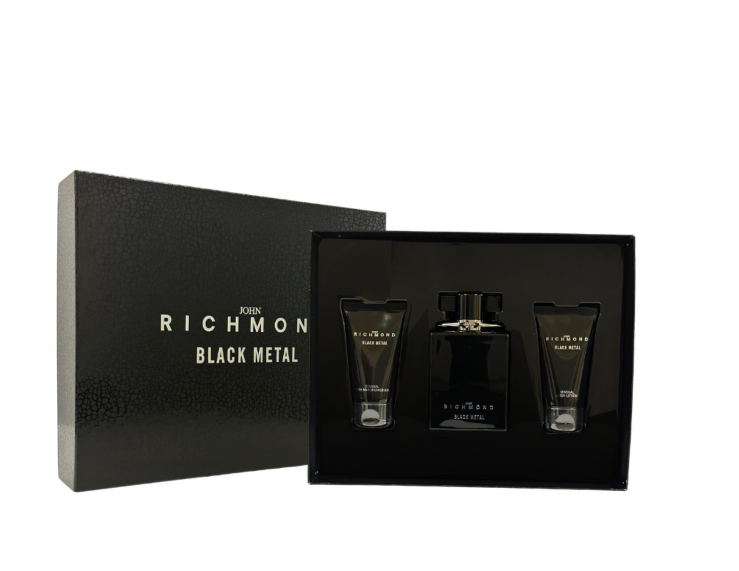 Set John Richmond: Black Metal, Natural, Cleansing, Shower Gel, 50 ml + Black Metal, Body Lotion, 50 ml + Black Metal, Eau De Parfum, For Men, 100 ml
