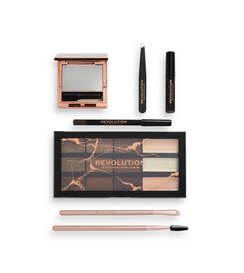 The Brow Shaping Kit Set Makeup Revolution: Eyebrow Tweezer, Black + Brow Glue, Eyebrow Brush + Textile Makeup Bag, Blac
