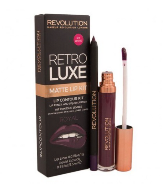 Set Makeup Revolution: Retro Luxe, Matte, Liquid Lipstick, Royal, 5.5 ml + Retro Luxe, Lip Liner, Royal, 1 g
