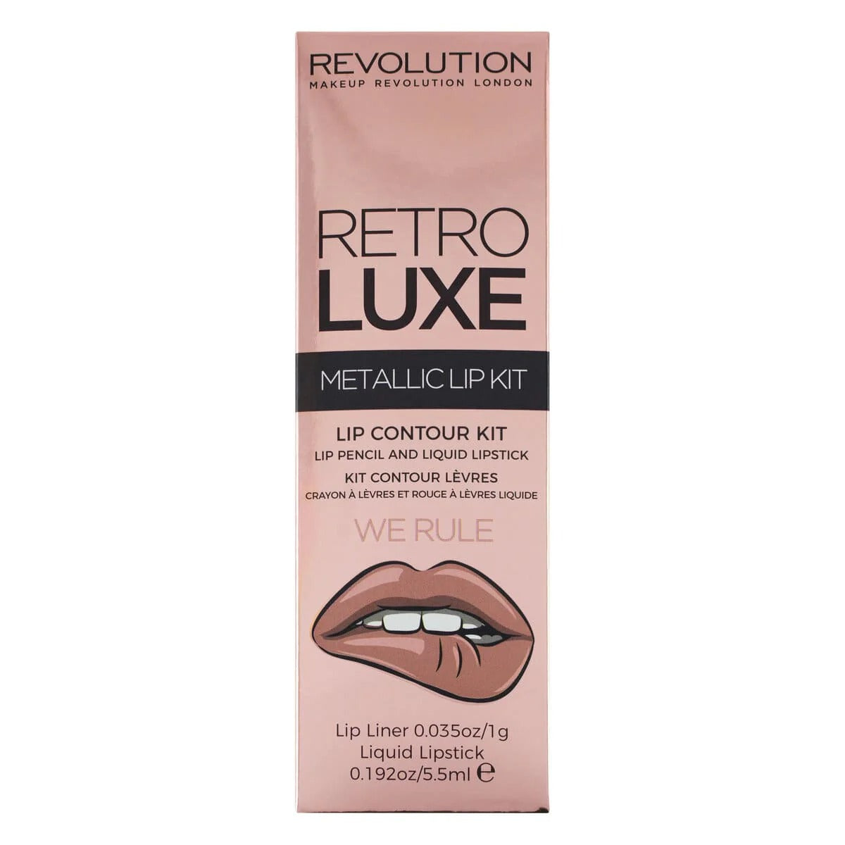 Set Makeup Revolution: Retro Luxe, Metallic, Liquid Lipstick, We Rule, 5.5 ml + Retro Luxe, Lip Liner, We Rule, 1 g