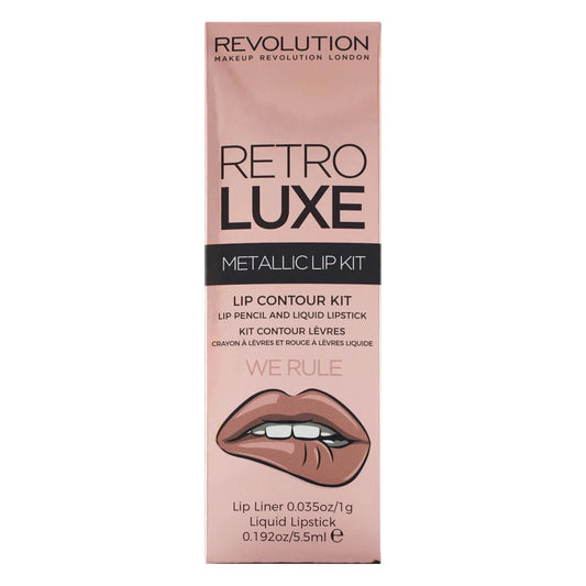 Set Makeup Revolution: Retro Luxe, Metallic, Liquid Lipstick, We Rule, 5.5 ml + Retro Luxe, Lip Liner, We Rule, 1 g