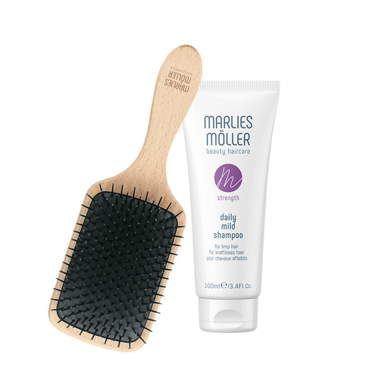 Set Marlies Moller: Marine Moisture, Scalp Brush + Daily Mild, Silicone Free, Hair Shampoo, Deep Cleansing, 100 ml