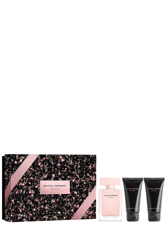 Set Narciso Rodriguez: For Her, Eau De Toilette, For Women, 50 ml + For Her, Hydrating, Body Lotion, 50 ml + For Her, Cleansing, Shower Gel, All Over The Body, For All Skin Types, 50 ml